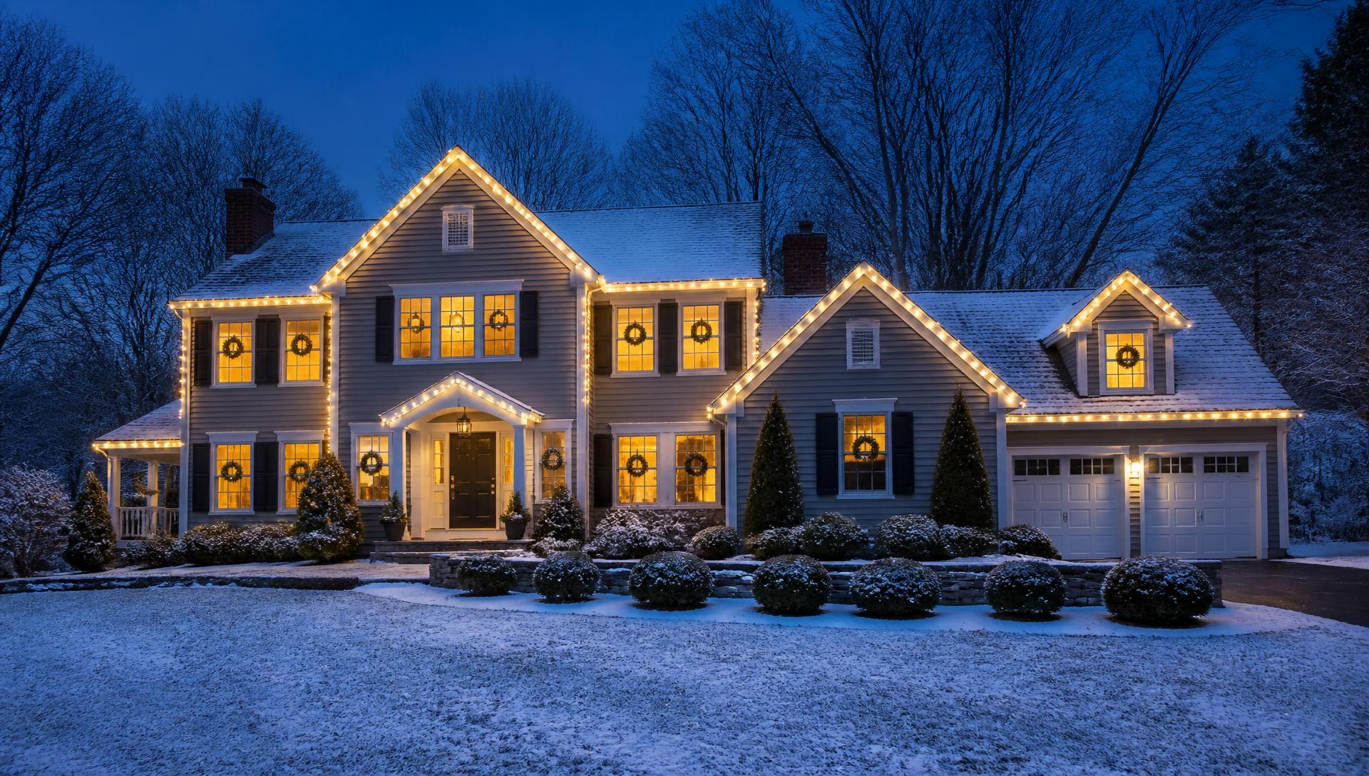 Connecticut home with spotless windows and professionally installed C9 Christmas lights along every roofline